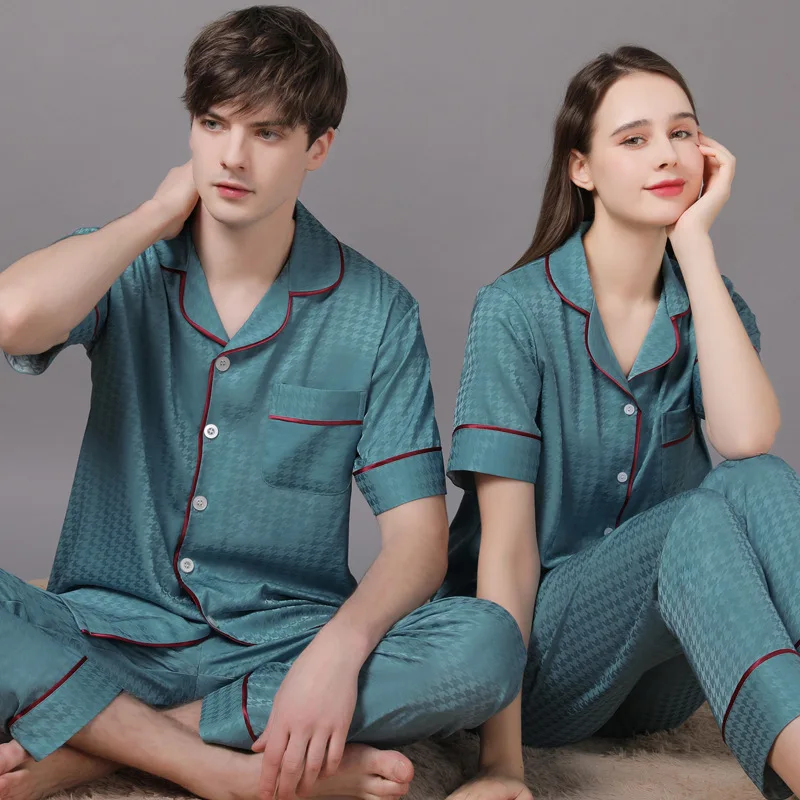 High Quality Couple Pajamas Suit Summer Short Sleeve Long Pant Home Cloth Men Women 2