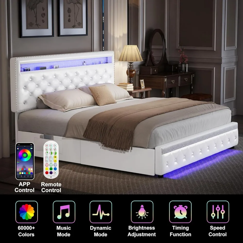 LED Bed Frame with 2 Drawers, PU Upholstered Platform Bed 4
