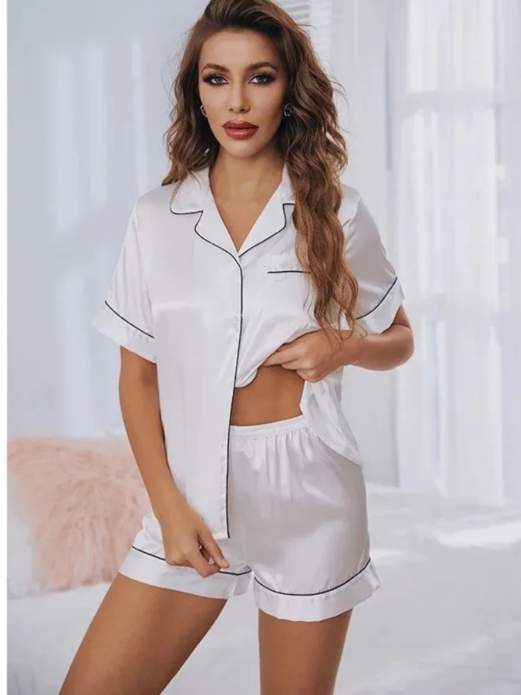 Summer Silk Satin Pajamas Set Women Sleepwear Button-Down Short Sleeve 4
