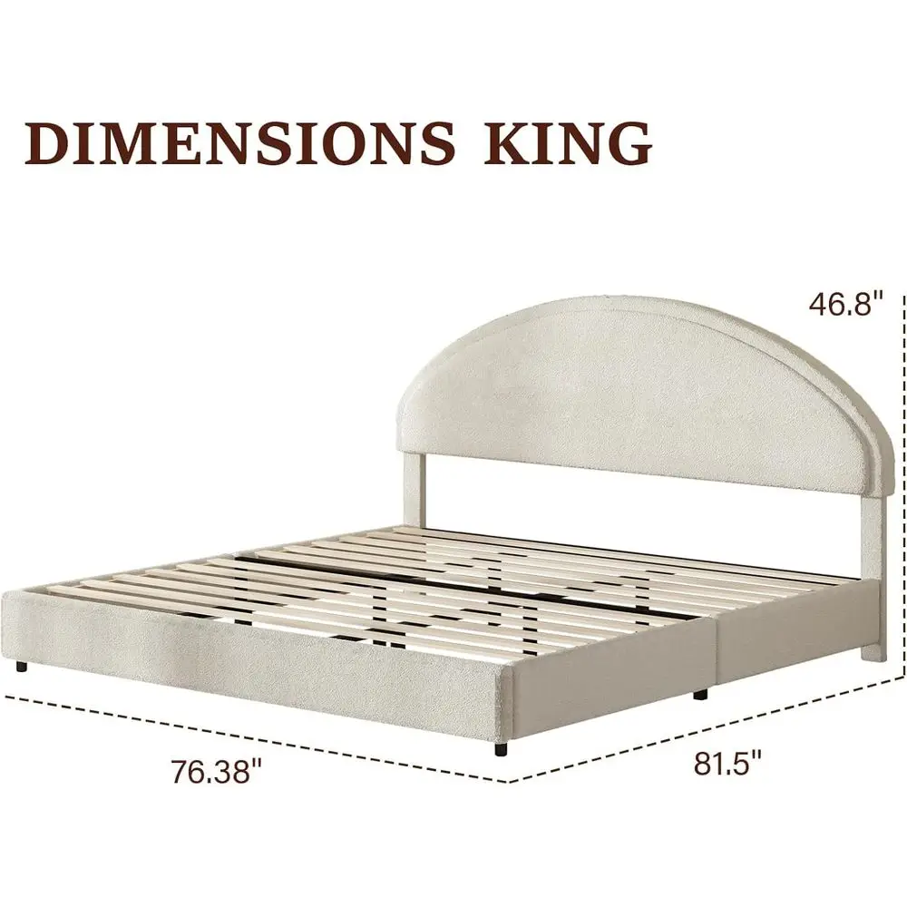 White King-Size Boucle Upholstered Platform Bed with Round Slats, No Box Spring Needed, Easy Assembly 2