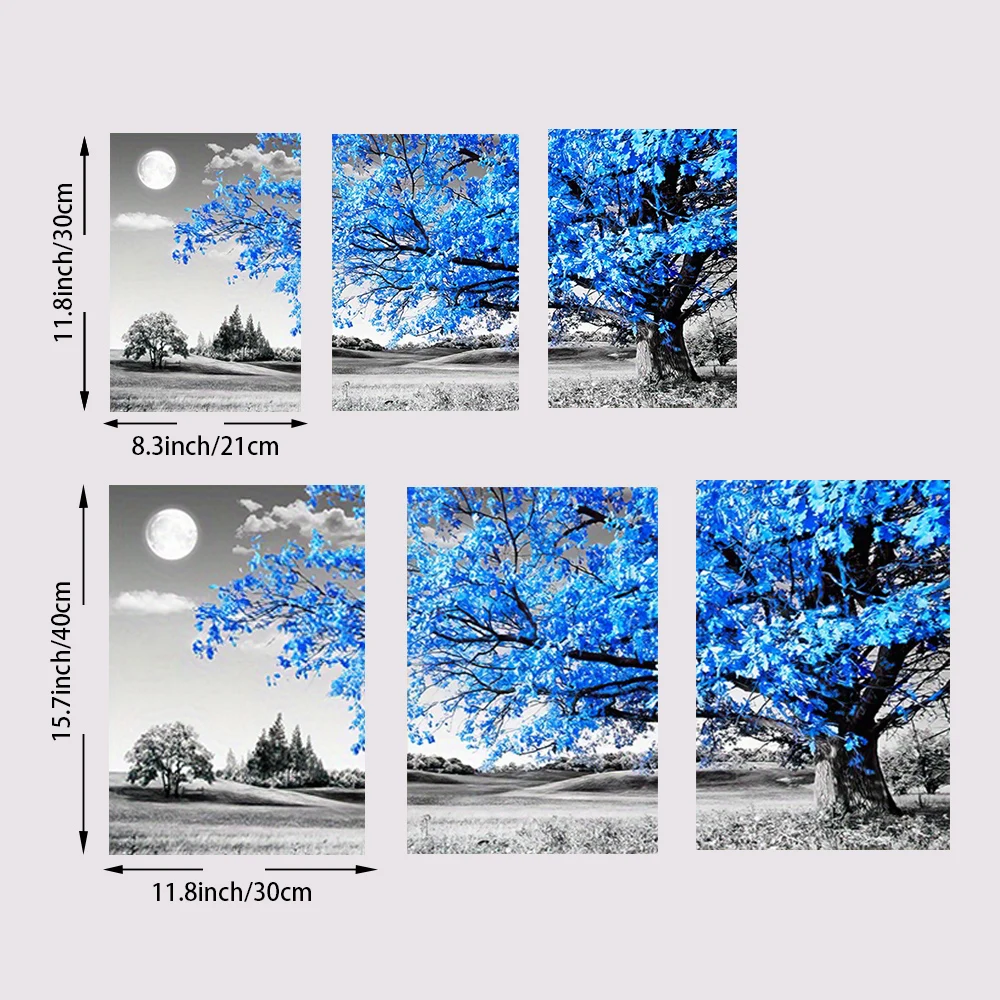 3PCS Blue Tree in The Gray Landscape Poster Nordic Wall Art Canvas Paintings 3