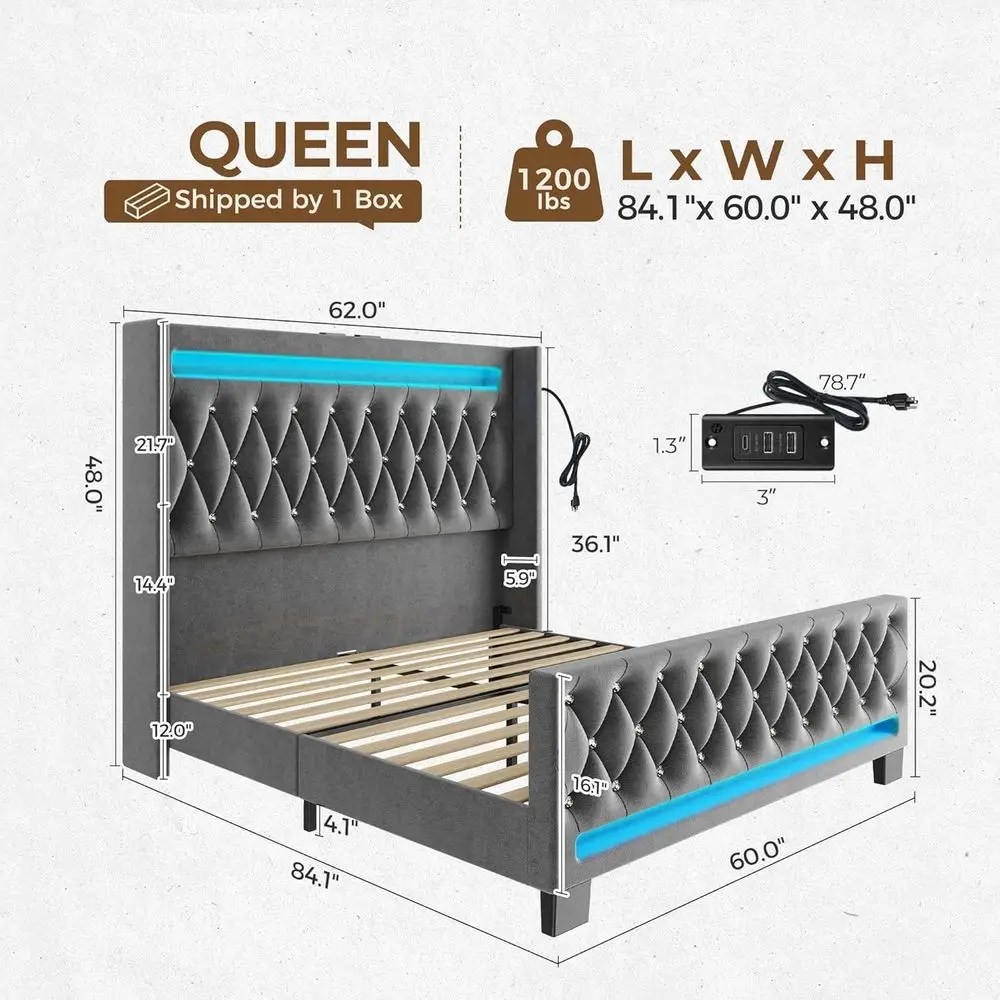 Grey LED Light Queen Bed with Charging Station, Upholstered 2