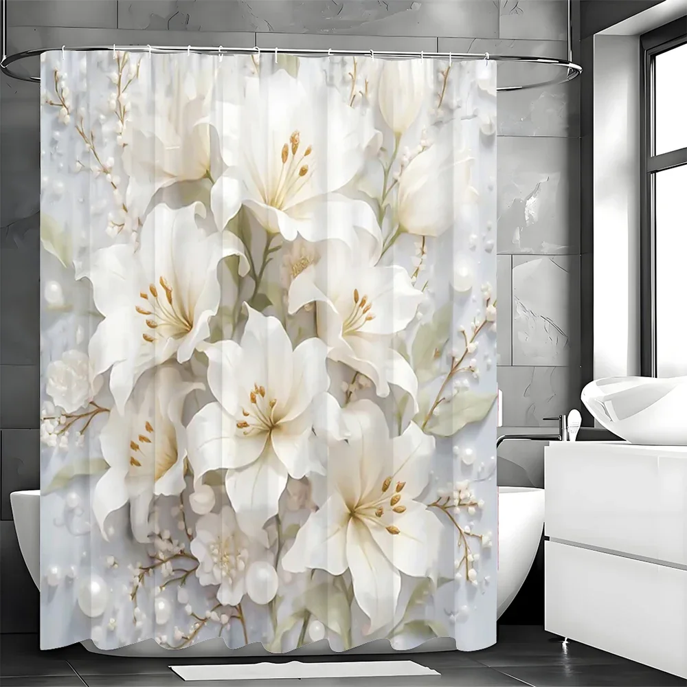 White Floral Pearl Shower Curtain, Bathroom 2