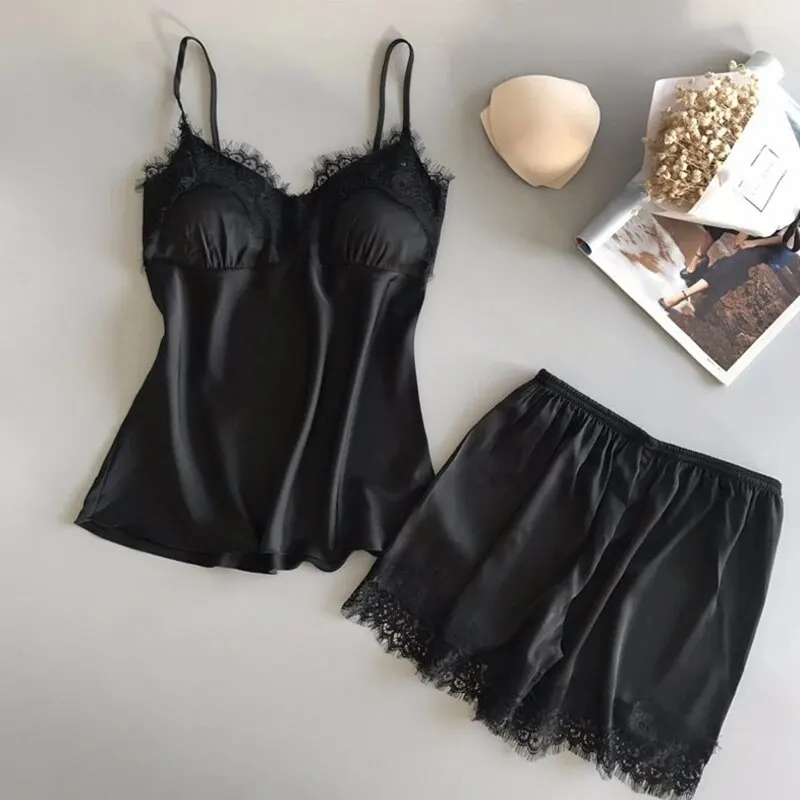 Women Pajama Suit Fashion V-Neck Lace Sexy Lingerie Pyjamas Sleep Shorts Set Sleepwear New 3