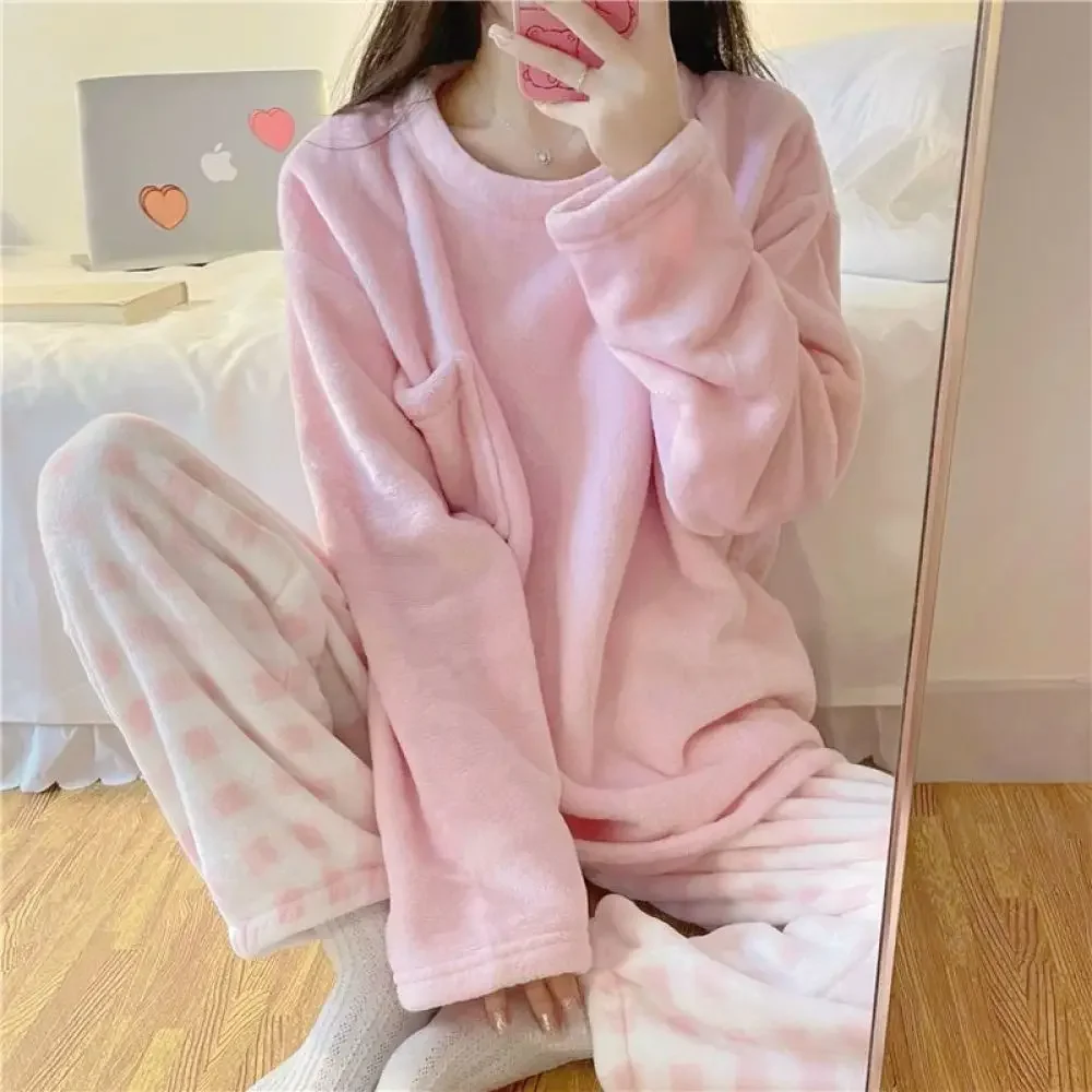 Fleece Thick Warm Women's Pajamas Set Winter Sleepwear Casual Suit 2