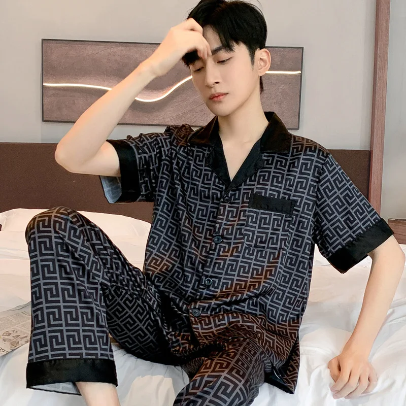 Pajamas Men Spring Summer Thin Ice Silk Luxurious Loose Fitting Home Wear Suit 6