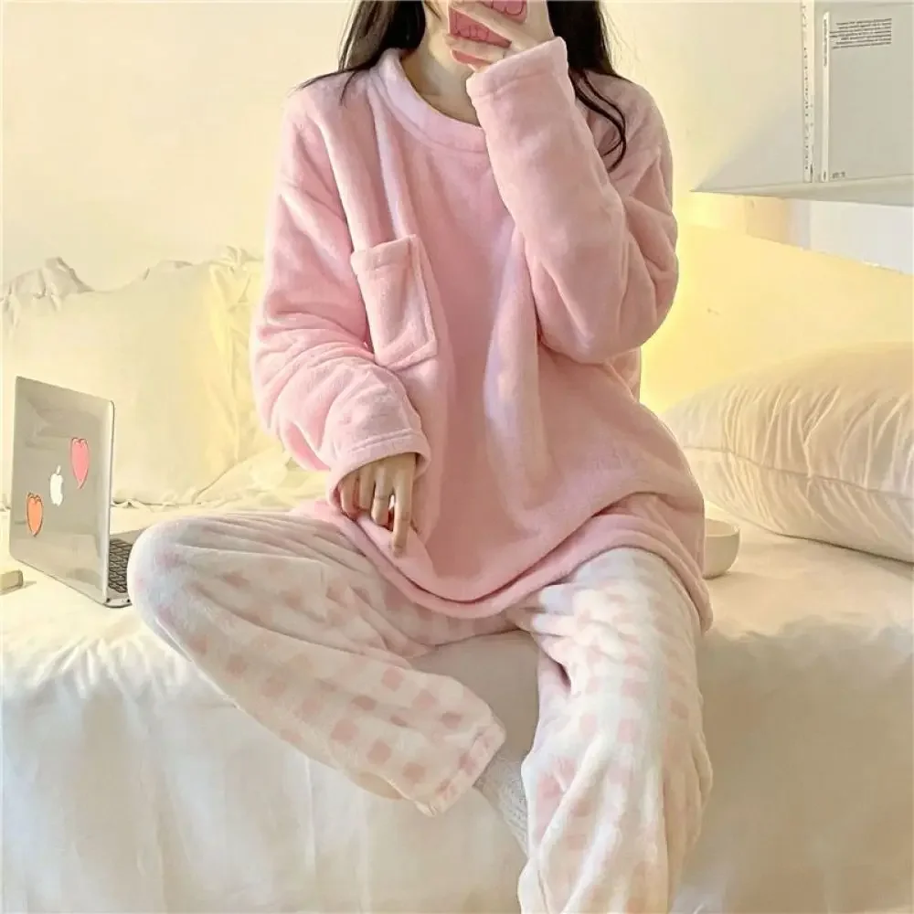 Fleece Thick Warm Women's Pajamas Set Winter Sleepwear Casual Suit 4