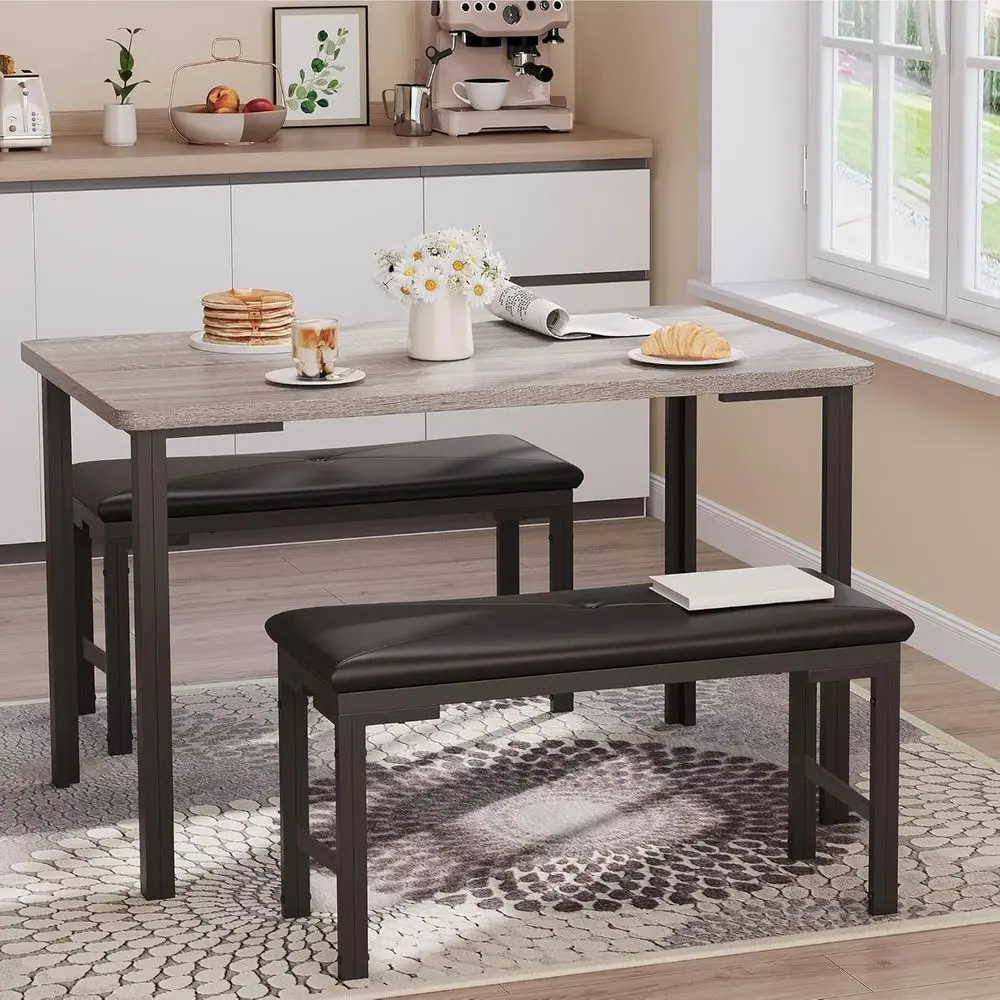 Grey 3-Piece Dining Set with Upholstered Benches for 4, Space-Saving for Small Breakfast Nooks 2