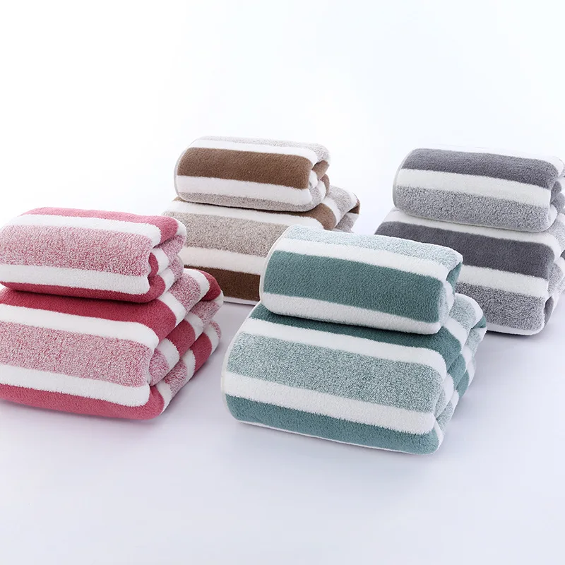 2PCS Bath Towel Striped Pattern Thickened Absorbent Towel 2