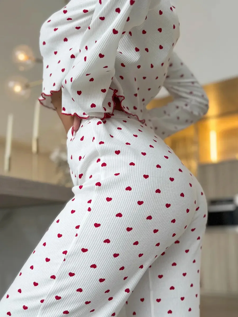 Autumn Winter Pajama Set Women 2pcs Y2K-Style Cherry Print Cuffed-Long-Sleeve Tops 6