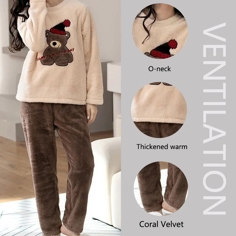 2pcs/Set Large Size Padded Thickened Warm Fall And Winter Women's Pajamas Long-Sleeved Bear 2
