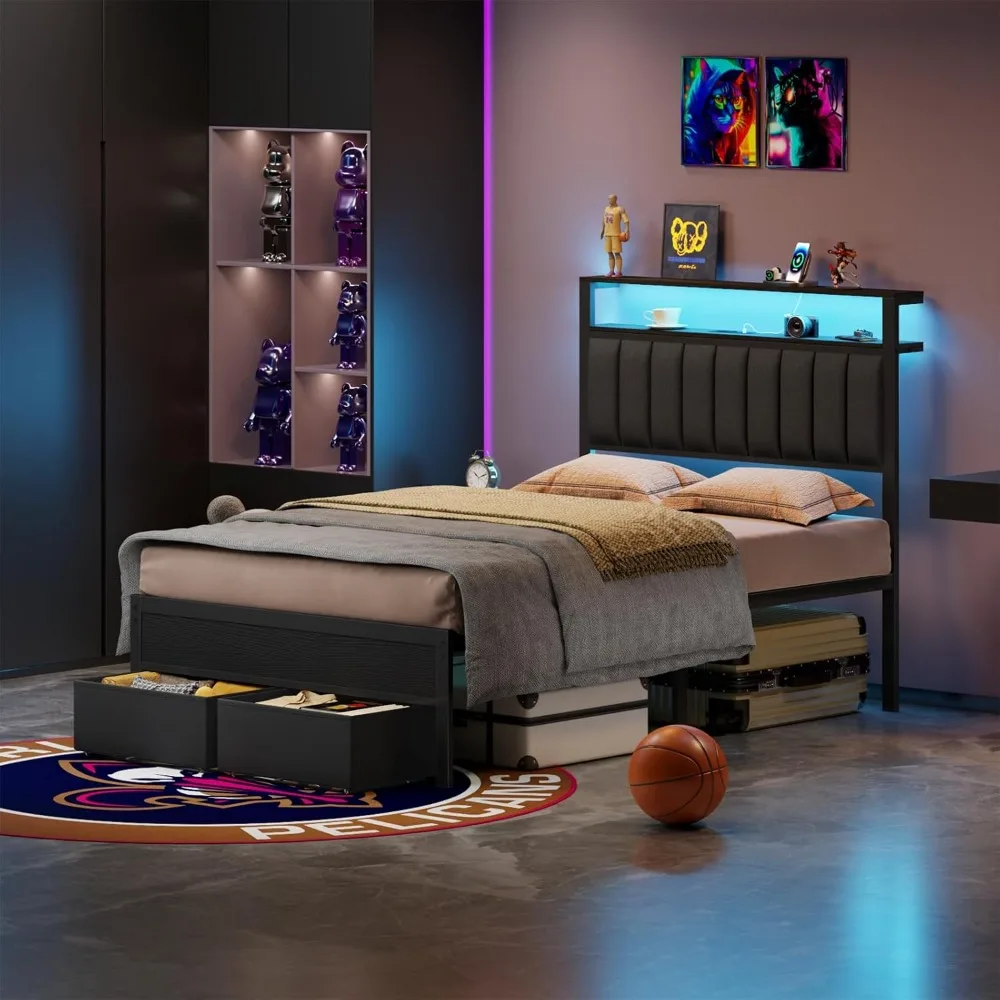Size Bed Frame with Charging Station and LED Lights, Grey Upholstered Headboard 4