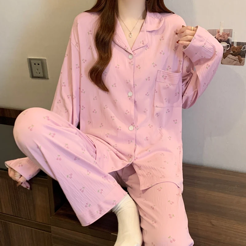 Pink Bow Dtie Design Pajamas for Women Long Sleeve Top & Elastic Waist Pants Pajamas Set Wear 7