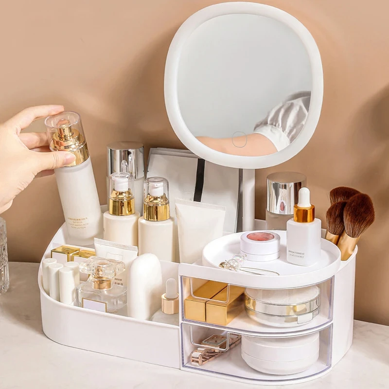 Makeup Storage Box With Mirror Desktop Dressing Table Makeup Mirror Cosmetics 5
