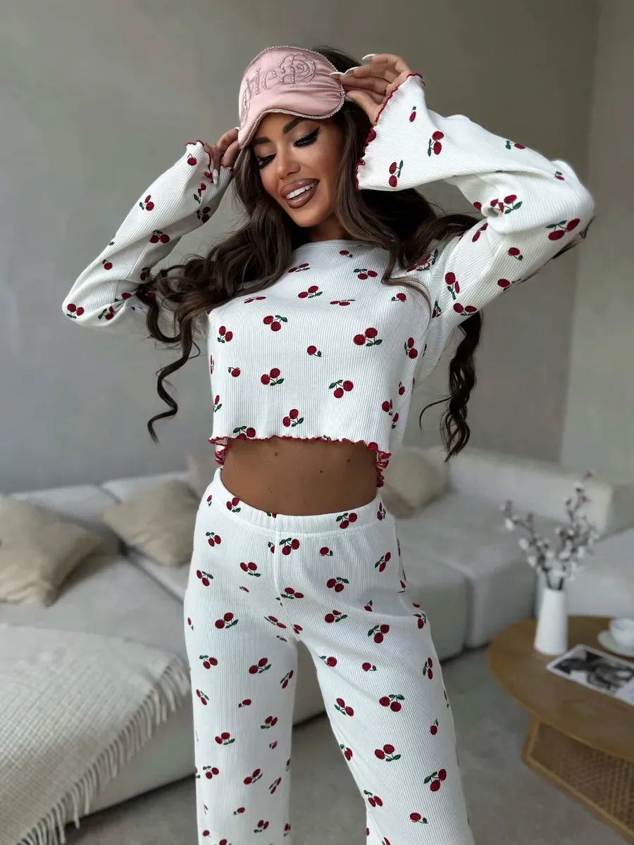 Autumn Winter Pajama Set Women 2pcs Y2K-Style Cherry Print Cuffed-Long-Sleeve Tops 7