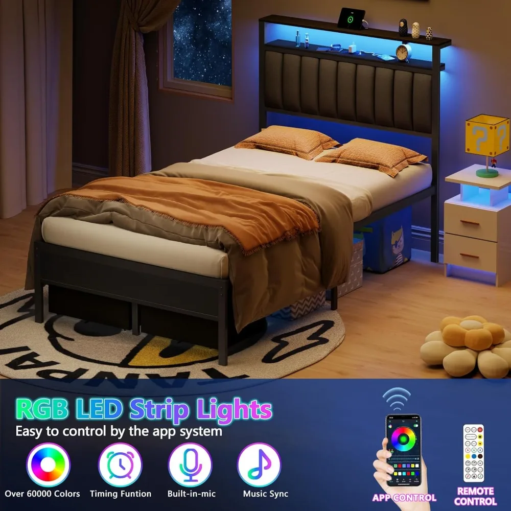 Size Bed Frame with Charging Station and LED Lights, Grey Upholstered Headboard 6