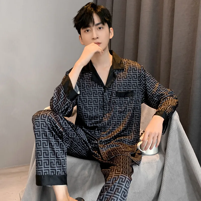 Pajamas Men Spring Summer Thin Ice Silk Luxurious Loose Fitting Home Wear Suit 4