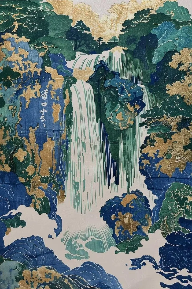 Hokusai Ukiyo-e Blue Green Japanese Waterfall Asian Landscape 14