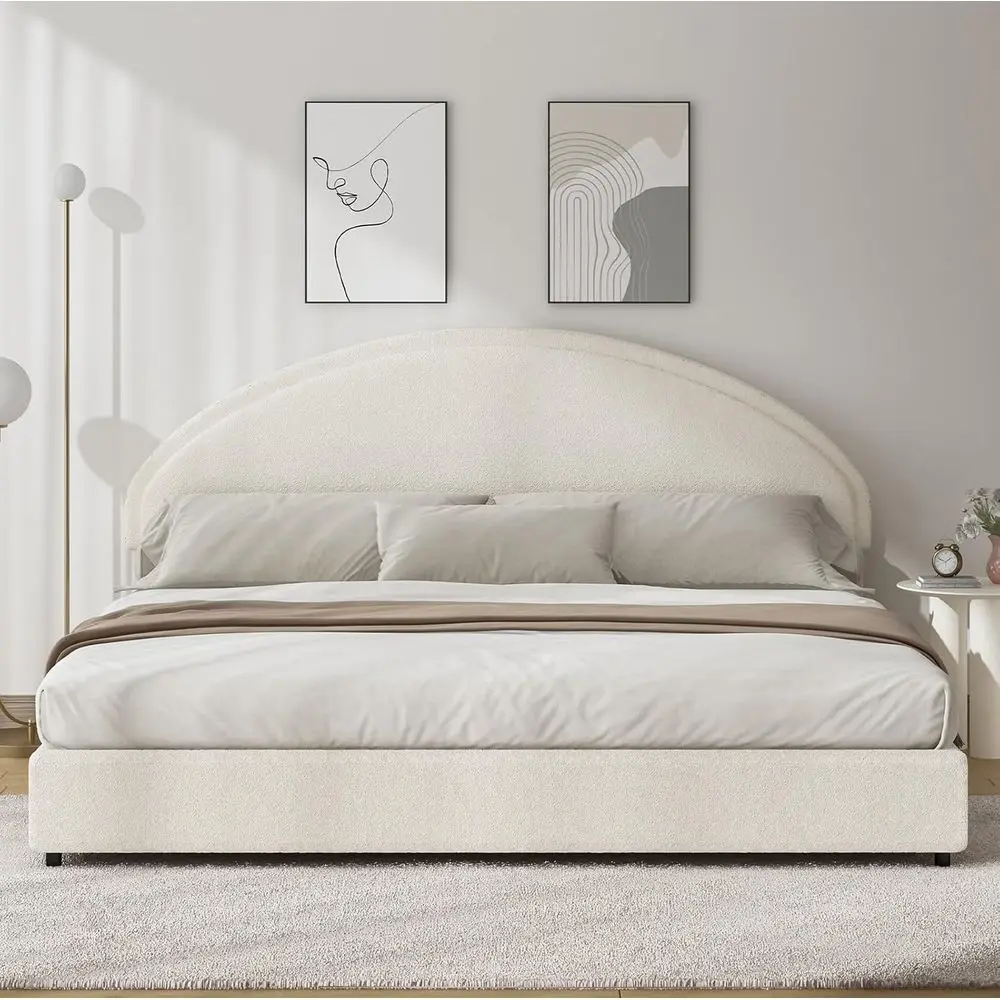 White King-Size Boucle Upholstered Platform Bed with Round Slats, No Box Spring Needed, Easy Assembly 6
