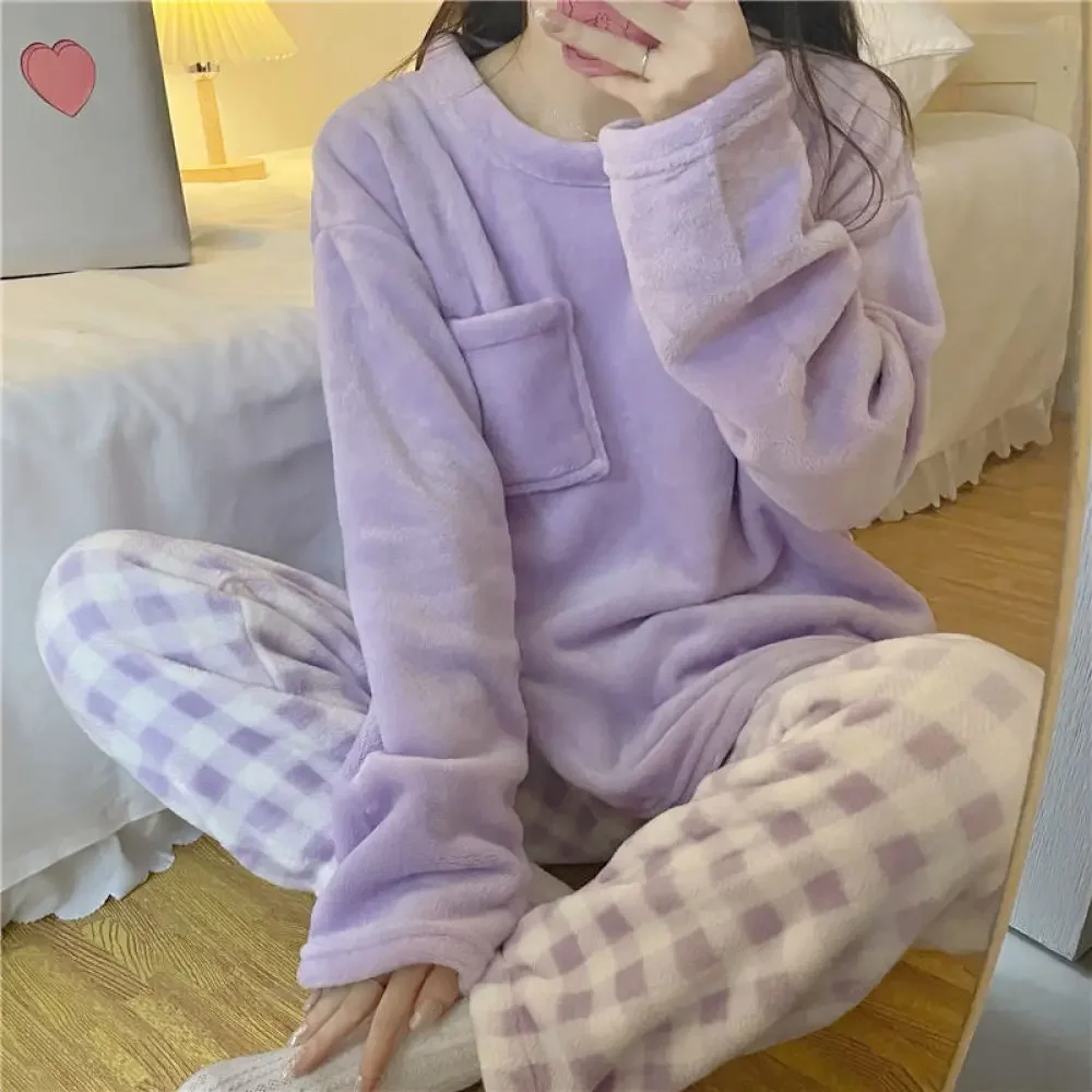 Fleece Thick Warm Women's Pajamas Set Winter Sleepwear Casual Suit 3