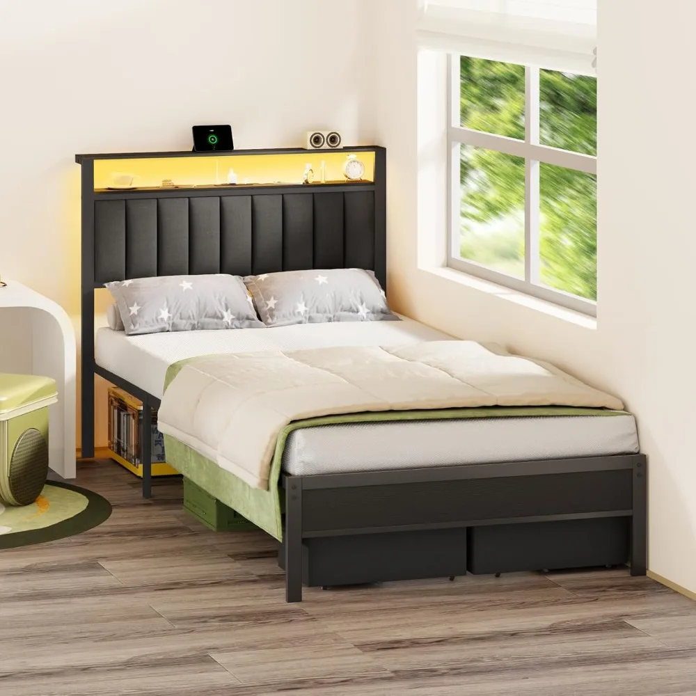 Size Bed Frame with Charging Station and LED Lights, Grey Upholstered Headboard 3