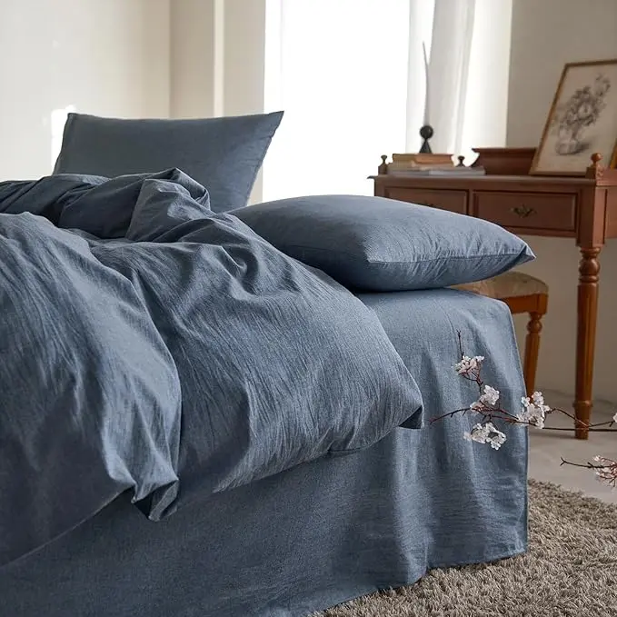 Queen Size Chambray Denim Blue Cotton Duvet Cover Set - 7