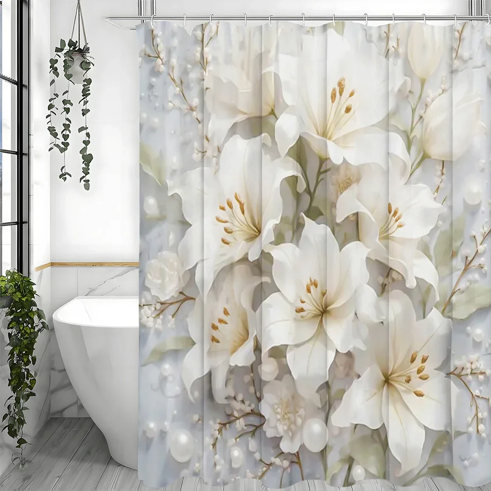 White Floral Pearl Shower Curtain, Bathroom 3