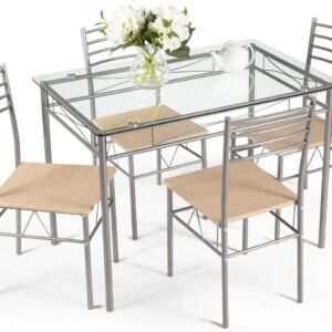 5-Piece Dining Set with Tempered Glass Table and 4 Chairs 1