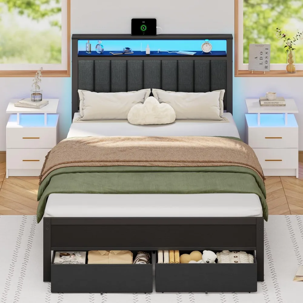Size Bed Frame with Charging Station and LED Lights, Grey Upholstered Headboard 1