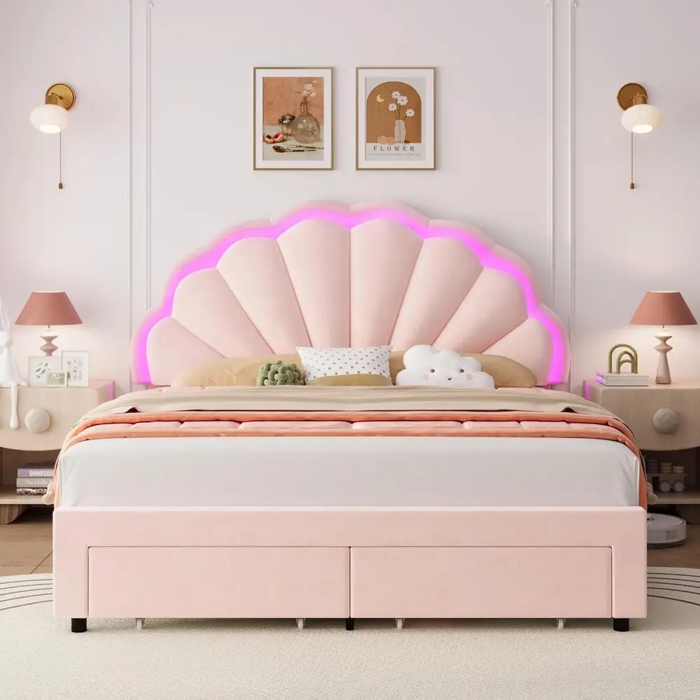 Full-Size LED Bed Frame with Storage, Adjustable Headboard, for Girls, Pink, No Box Spring 4