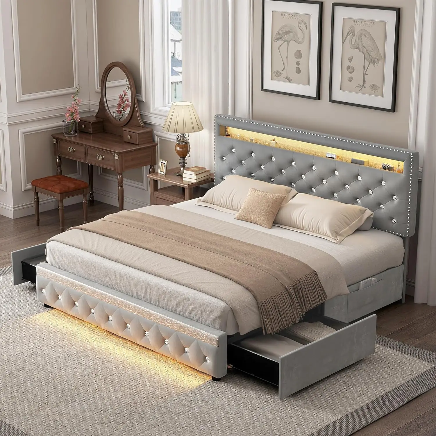 LED Bed Frame with 2 Drawers, PU Upholstered Platform Bed 9