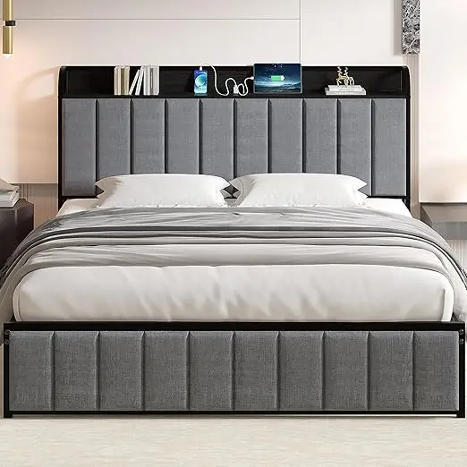 VECELO Storage Platform Bed Frame with Upholstered Headboard 7
