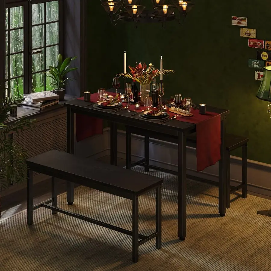 Dining Table Set for 4, 3Piece Kitchen Table with 2 Benches 6