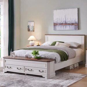 Farmhouse Queen Bed with Headboard and Storage Bench, Rustic Wood Platform Bed with 64 1
