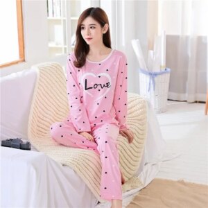 Autumn 2pieces Pyjamas Set Women Thin Sexy Sleepwear Lovely Home Suit 2025 Round Neck Girls Teacup SleepwearLong Sleeve Pajamas 1