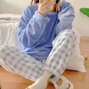 Fleece Thick Warm Women's Pajamas Set Winter Sleepwear Casual Suit 1