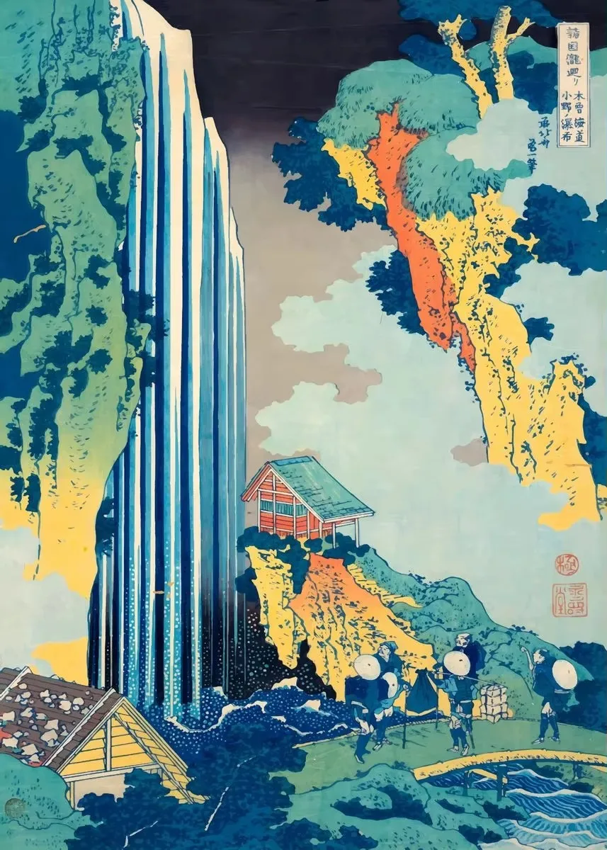 Hokusai Ukiyo-e Blue Green Japanese Waterfall Asian Landscape 13