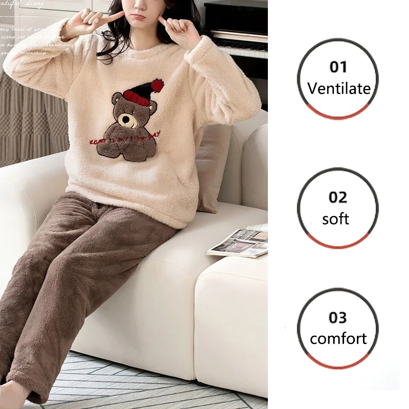 2pcs/Set Large Size Padded Thickened Warm Fall And Winter Women's Pajamas Long-Sleeved Bear 4
