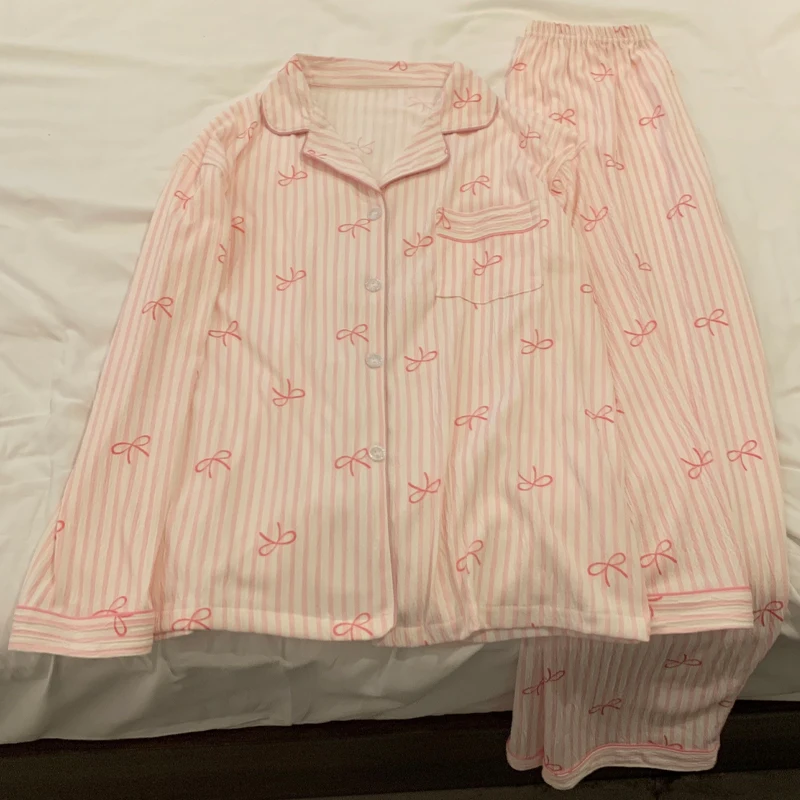 Pink Bow Dtie Design Pajamas for Women Long Sleeve Top & Elastic Waist Pants Pajamas Set Wear 4