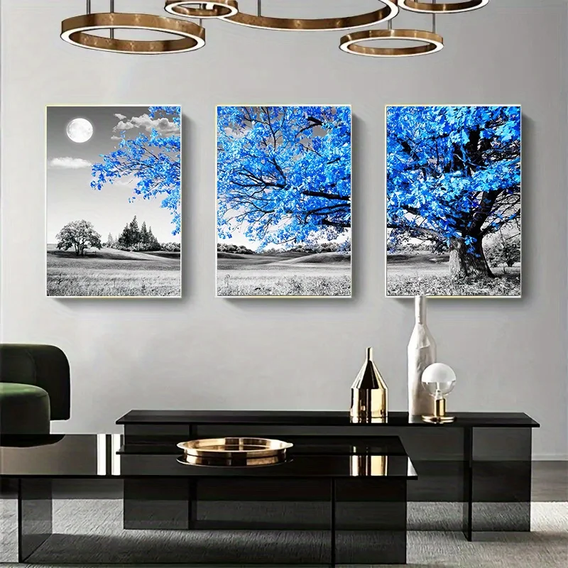 3PCS Blue Tree in The Gray Landscape Poster Nordic Wall Art Canvas Paintings 4