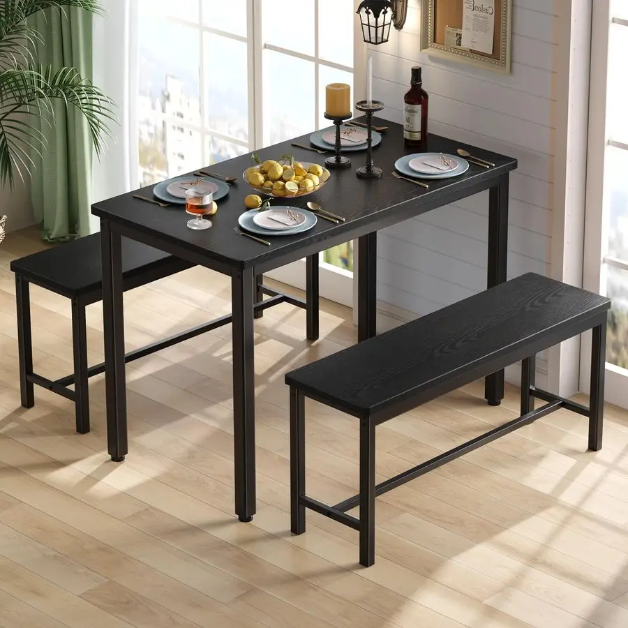 Dining Table Set for 4, 3Piece Kitchen Table with 2 Benches 2