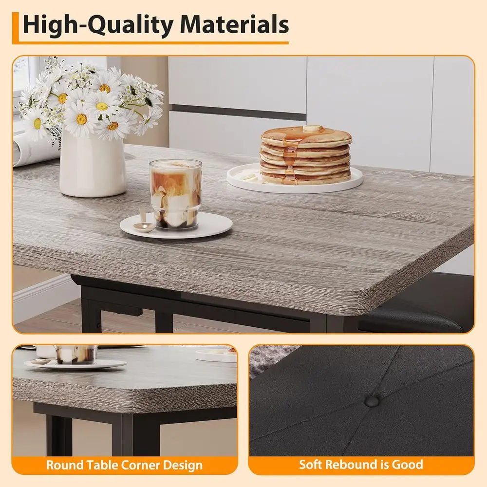 Grey 3-Piece Dining Set with Upholstered Benches for 4, Space-Saving for Small Breakfast Nooks 6