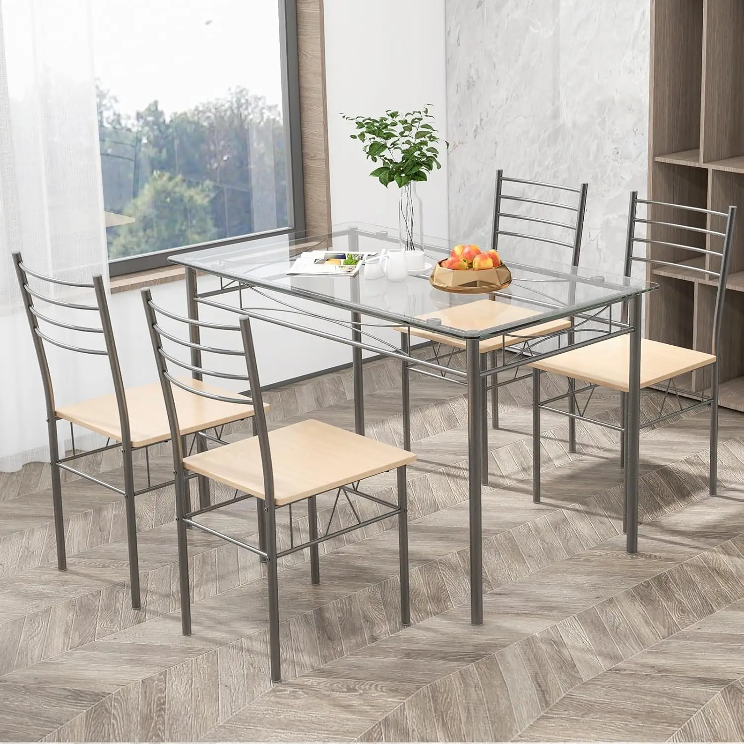 5-Piece Dining Set with Tempered Glass Table and 4 Chairs 2