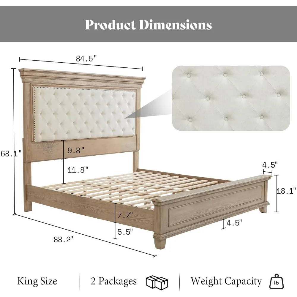 King Size Solid Wood Farmhouse Bed Frame with Upholstered Headboard 2