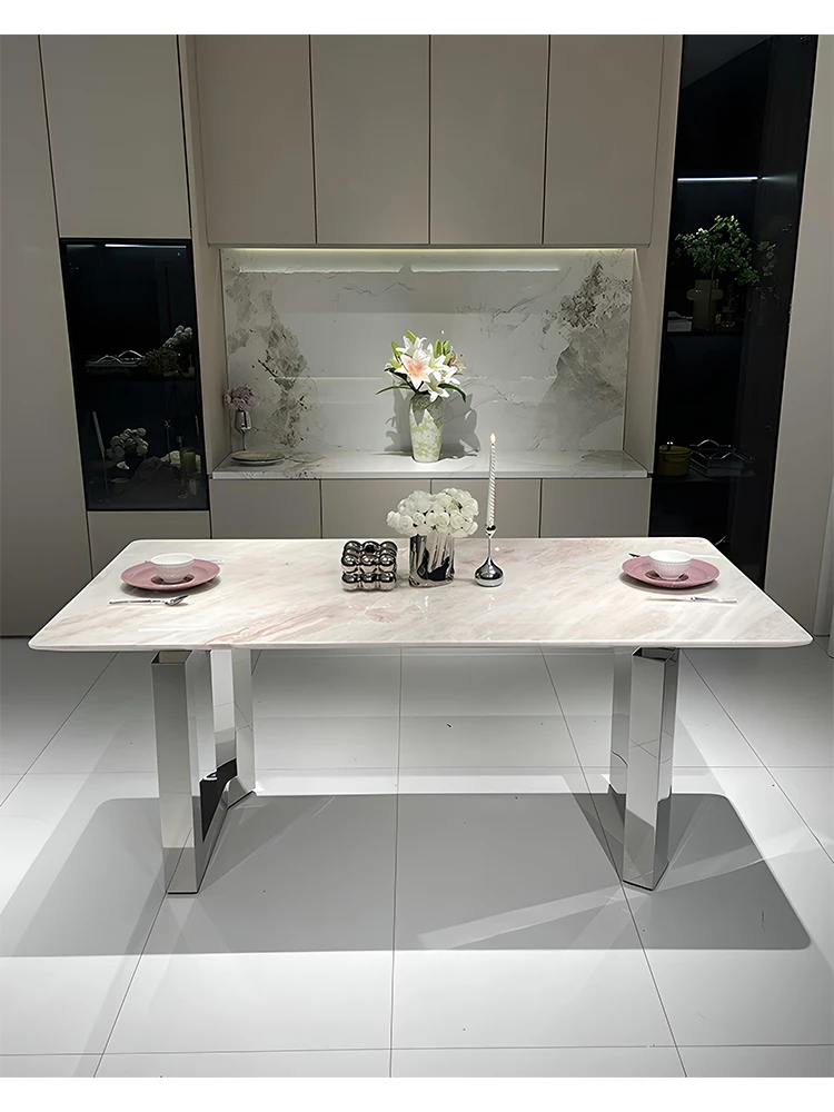 Italian Pink Diamond Marble Table, Rose Rainbow Stone Long Dining Table 3