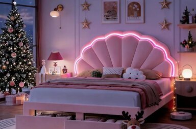 Full-Size LED Bed Frame with Storage, Adjustable Headboard, for Girls, Pink, No Box Spring 1