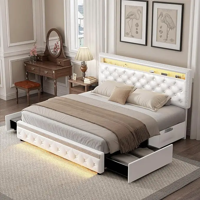 LED Bed Frame with 2 Drawers, PU Upholstered Platform Bed 10