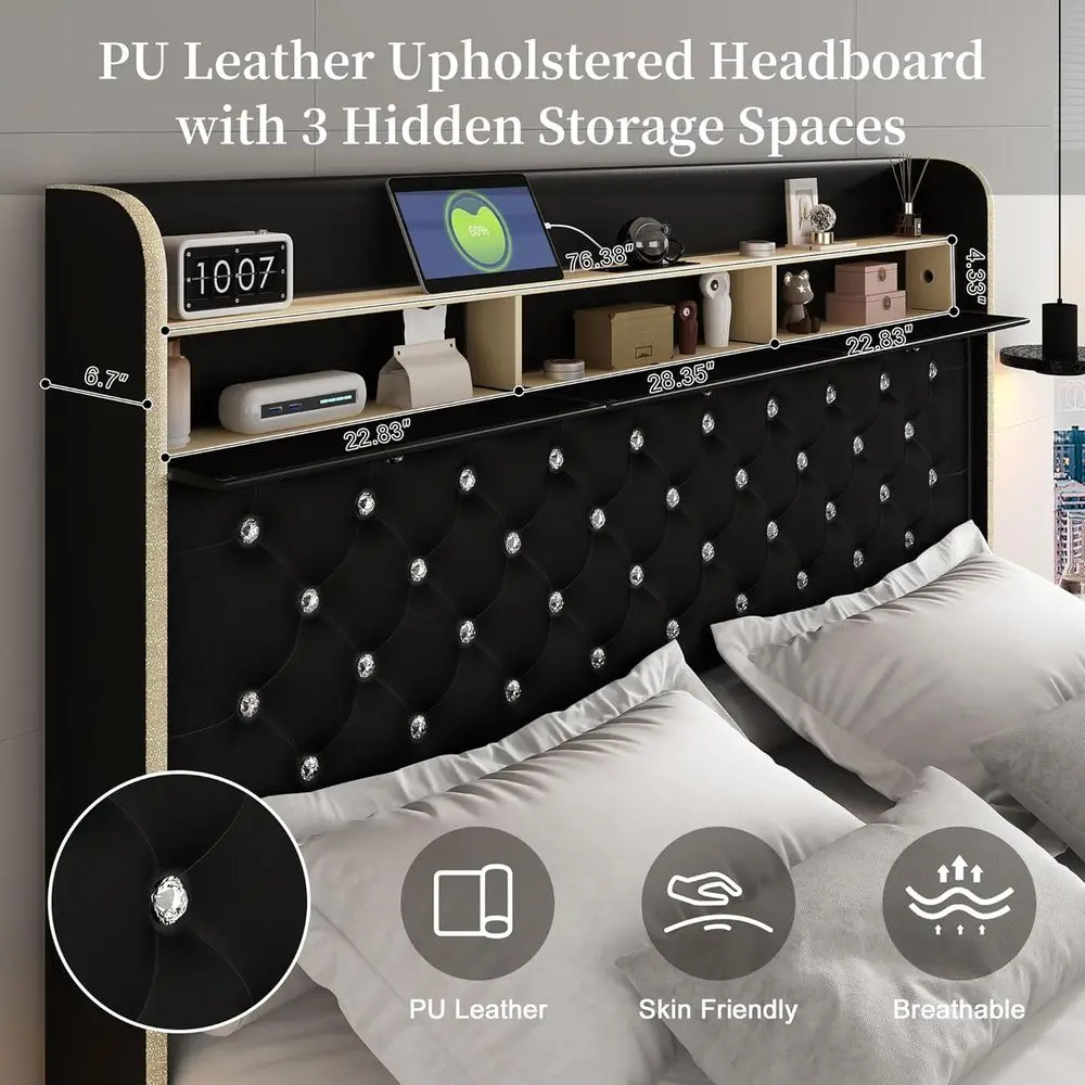 King Size Platform Bed with Star Projector, Storage Drawers, 52 Diamond Headboard 5