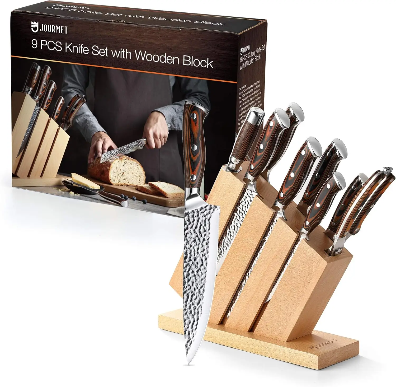 Knife Set with block, 9PC High Carbon Stainless Steel Knife Set with Pakka Wood Handle 6