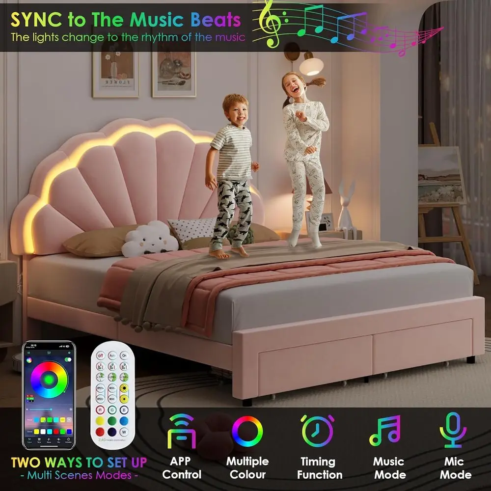 Full-Size LED Bed Frame with Storage, Adjustable Headboard, for Girls, Pink, No Box Spring 5